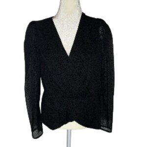 Express Black Solid Puff Sleeve V-Neck Top Size Large